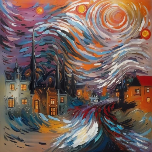 night scene,glass painting,christmas landscape,khokhloma painting,art painting,aurora village,oil painting on canvas,motif,church painting,winter village,winter landscape,murano,oil painting,post impressionism,painting technique,escher village,oil on canvas,quebec,fabric painting,post impressionist,Illustration,Paper based,Paper Based 04