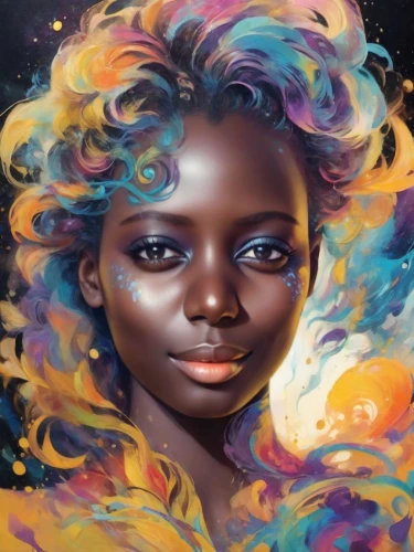 mystical portrait of a girl,fantasy portrait,world digital painting,afro-american,afro american girls,aquarius,digital painting,oil painting on canvas,andromeda,venus,african american woman,afro american,aura,psychedelic art,luminous,african woman,fantasy art,girl portrait,chalk drawing,afroamerican,Photography,Cinematic