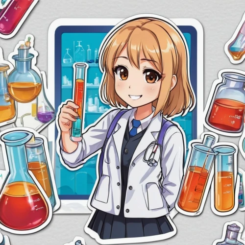 chemist,scientist,medicine icon,microbiologist,cartoon doctor,biosamples icon,lab,pharmacist,female doctor,researcher,biologist,formula lab,doctor,science education,vitamin c,dr,theoretician physician,medical icon,science,on a transparent background,Unique,Design,Sticker