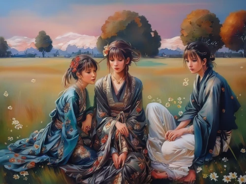 chinese art,oriental painting,the three magi,mother with children,japanese art,korean culture,mother and children,inner mongolian beauty,soapberry family,kimonos,the mother and children,japanese culture,khokhloma painting,oriental,nomadic children,dongfang meiren,three flowers,the three graces,asian culture,yi sun sin,Illustration,Paper based,Paper Based 04