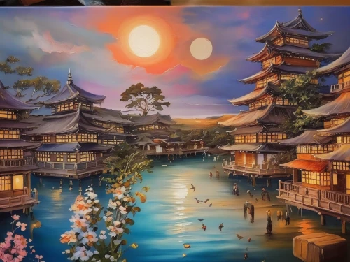 japanese art,oriental painting,japan landscape,beautiful japan,chinese art,kyoto,art painting,japanese background,asian architecture,meticulous painting,khokhloma painting,japanese architecture,oil painting on canvas,japanese culture,japan,painting technique,photo painting,mid-autumn festival,flower painting,oriental,Illustration,Paper based,Paper Based 04