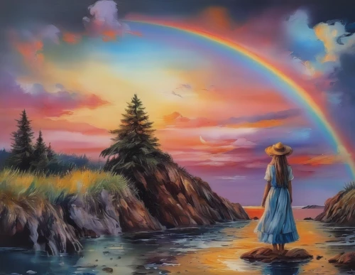 rainbow bridge,rainbow background,fantasy picture,mother earth,unicorn and rainbow,landscape background,art painting,rainbow pencil background,fantasy art,colored pencil background,oil painting on canvas,rainbow,rainbow unicorn,colorful background,rainbow colors,rainbow clouds,oil painting,background colorful,moonbow,spring equinox,Illustration,Paper based,Paper Based 04