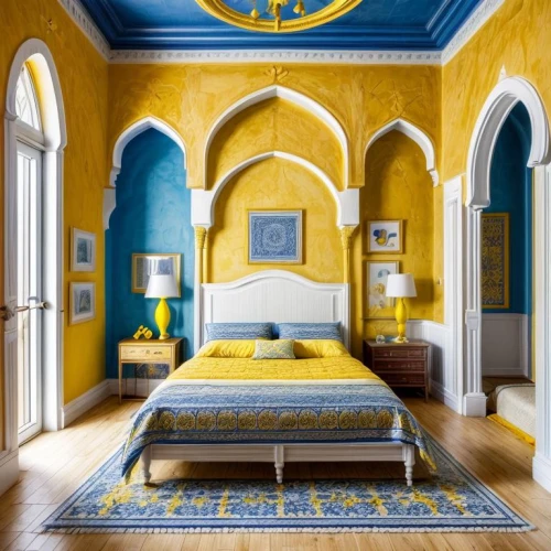 ornate room,moroccan pattern,yellow wallpaper,morocco,yellow and blue,moorish,riad,great room,ottoman,canopy bed,hawa mahal,danish room,sleeping room,four-poster,venice italy gritti palace,yellow wall,bed linen,boutique hotel,majorelle blue,blue room