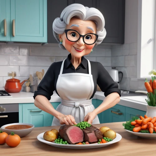 chef,food and cooking,grandma,elderly lady,elderly person,food preparation,granny,tuna steak,cooking show,cutting vegetables,pensioner,cooking vegetables,girl in the kitchen,men chef,cook,duck breast,cuisine classique,nanny,nanas,sousvide,Unique,3D,3D Character