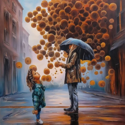 little girl with balloons,little girl with umbrella,oil painting on canvas,umbrellas,bowl of fruit in rain,walking in the rain,oil painting,tangerines,golden rain,man with umbrella,art painting,oranges,huge umbrellas,umbrella,oil on canvas,italian painter,overhead umbrella,rain stoppers,in the rain,colorful balloons,Illustration,Paper based,Paper Based 04