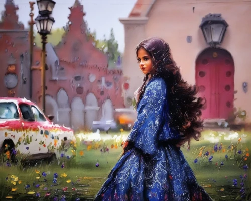 girl and car,fairy tale,fantasy picture,fantasy art,girl in a historic way,a fairy tale,fairy tale character,world digital painting,girl in a long dress,girl in flowers,fairy tales,fairytale,cinderella,girl picking flowers,fairytales,mystical portrait of a girl,children's fairy tale,rapunzel,photo painting,girl walking away,Illustration,Paper based,Paper Based 03