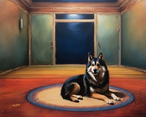 laika,pet portrait,kennel,the threshold of the house,husky,malamute,dog illustration,gsd,dog drawing,akita,dog frame,russo-european laika,tamaskan dog,blue room,rug,vigilant dog,german shepherd,dog,shiba,blue door,Illustration,Paper based,Paper Based 03