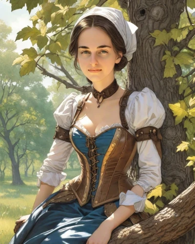 victorian lady,girl in the garden,jane austen,country dress,fantasy portrait,portrait of a girl,bodice,young woman,a charming woman,romantic portrait,woman holding pie,girl with bread-and-butter,girl in a historic way,young lady,girl on the river,girl with tree,game illustration,folk costume,bavarian,fable,Digital Art,Comic