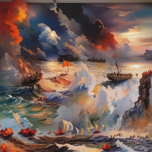 naval battle,fantasy landscape,sea landscape,sea fantasy,fantasy art,volcanic landscape,coastal landscape,the storm of the invasion,oil painting on canvas,art painting,maelstrom,seascape,sea storm,fire and water,lake of fire,landscape with sea,shipwreck,chinese art,mural,volcanic field,Illustration,Paper based,Paper Based 04