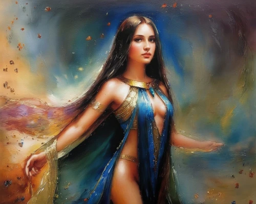radha,fantasy art,oil painting on canvas,fantasy woman,cleopatra,indian art,blue enchantress,oil painting,fantasy portrait,sorceress,ancient egyptian girl,indian woman,fantasy picture,belly dance,priestess,art painting,sari,the enchantress,celtic queen,mystical portrait of a girl,Illustration,Paper based,Paper Based 03