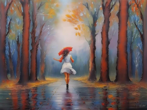 walking in the rain,girl walking away,woman walking,oil painting on canvas,autumn walk,ballerina in the woods,little girl running,girl with tree,the autumn,oil painting,autumn background,falling on leaves,autumn landscape,in the rain,little girl in wind,girl in a long,art painting,autumn forest,female runner,autumn day,Illustration,Paper based,Paper Based 04