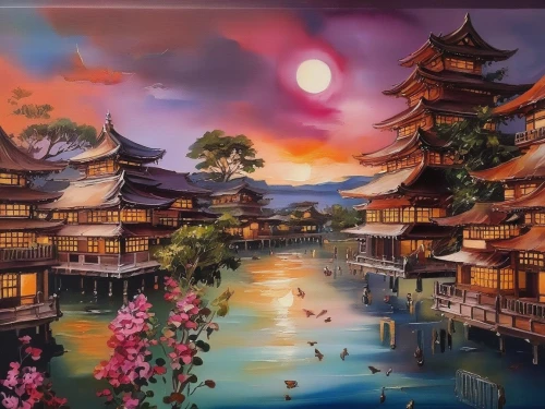 oriental painting,japanese art,chinese art,asian architecture,japan landscape,beautiful japan,japanese architecture,oriental,chinese architecture,kyoto,japanese background,art painting,japan,khokhloma painting,chinese temple,dragon boat,world digital painting,landscape background,chinese style,japan place,Illustration,Paper based,Paper Based 04