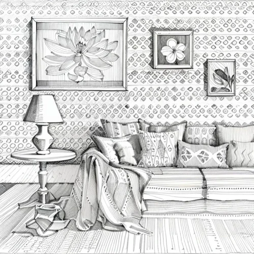 black and white pattern,pencil art,pencil drawings,livingroom,living room,checkered background,bedroom,pencil drawing,vintage drawing,sitting room,danish room,yellow wallpaper,painting pattern,pencil and paper,guest room,sofa,graphite,apartment,coloring page,boho art,Design Sketch,Design Sketch,Hand-drawn Line Art