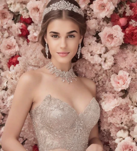 quinceañera,wedding dress,floral background,bridal dress,wedding dresses,bridal,flower background,beautiful girl with flowers,bridal clothing,wedding gown,floral,bridal jewelry,quinceanera dresses,silver wedding,vintage floral,flower wall en,wedding photo,with roses,elegant,white floral background,Photography,Realistic