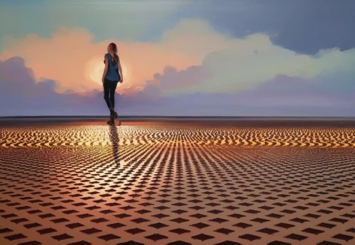 girl walking away,woman walking,virtual landscape,pedestrian,3d background,morning illusion,salt desert,girl in a long,standing walking,digital compositing,photomanipulation,checkered floor,chessboard,checkered background,horizon,a pedestrian,girl on the dune,saltpan,salt-flats,3d render,Illustration,Paper based,Paper Based 04