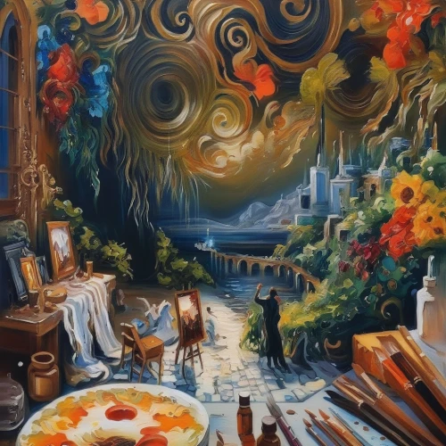 fantasy art,oil painting on canvas,meticulous painting,oil on canvas,fantasy picture,psychedelic art,italian painter,oil painting,mushroom landscape,art painting,fantasy landscape,oils,painting technique,3d fantasy,oil paint,fantasy world,dream world,the flute,alchemy,fabric painting,Illustration,Paper based,Paper Based 04