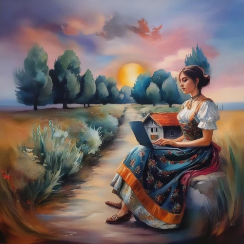 woman playing,girl studying,fantasy art,art painting,fantasy picture,world digital painting,little girl reading,indian art,meticulous painting,pocahontas,khokhloma painting,mystical portrait of a girl,radha,girl in the garden,fantasy portrait,vietnamese woman,woman sitting,oil painting on canvas,indigenous painting,girl with bread-and-butter,Illustration,Paper based,Paper Based 04