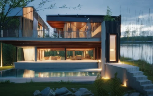 house by the water,3d rendering,modern house,house with lake,inverted cottage,floating huts,pool house,summer house,render,modern architecture,cubic house,dunes house,landscape design sydney,summer cottage,timber house,luxury property,holiday villa,wooden decking,houseboat,japanese architecture,Photography,General,Realistic