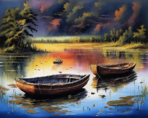 boat landscape,wooden boats,wooden boat,fishing boats,oil painting on canvas,row boat,rowboats,oil painting,fishing float,fishing boat,row boats,art painting,boats,canoes,backwaters,picnic boat,evening lake,water boat,river landscape,canoe,Illustration,Paper based,Paper Based 03