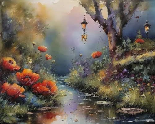 oil painting on canvas,flower painting,autumn landscape,oil painting,falling flowers,watercolor background,splendor of flowers,meadow in pastel,watercolor painting,art painting,fairy lanterns,oil on canvas,autumn idyll,springtime background,lanterns,flower water,autumn flowers,watercolor,the autumn,poppies,Illustration,Paper based,Paper Based 03