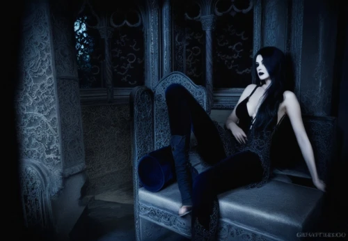 gothic woman,gothic fashion,dark gothic mood,gothic style,gothic portrait,gothic dress,blue enchantress,gothic,mourning swan,queen of the night,throne,vampira,blue room,goth woman,vampire woman,the throne,lady of the night,kneel,witch house,dark angel,Illustration,Realistic Fantasy,Realistic Fantasy 46