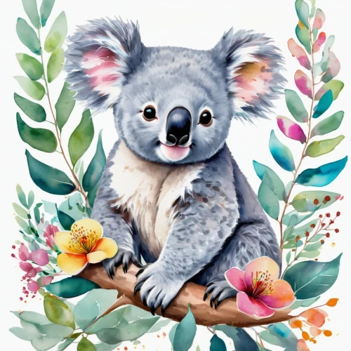 koala,koalas,cute koala,eucalyptus,koala bear,marsupial,australian wildlife,cangaroo,watercolor floral background,sleeping koala,floral background,aussie,flower animal,australia,whimsical animals,australia day,greeting card,anthropomorphized animals,flowers png,on a transparent background,Illustration,Abstract Fantasy,Abstract Fantasy 13