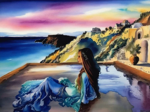 watercolor background,oil painting on canvas,art painting,oil pastels,oil painting,watercolor painting,mermaid background,girl in a long dress,photo painting,boho art,colored pencil background,oil on canvas,watercolor women accessory,water color,girl in a long dress from the back,by the sea,sea landscape,girl on the river,water colors,chalk drawing,Illustration,Paper based,Paper Based 03