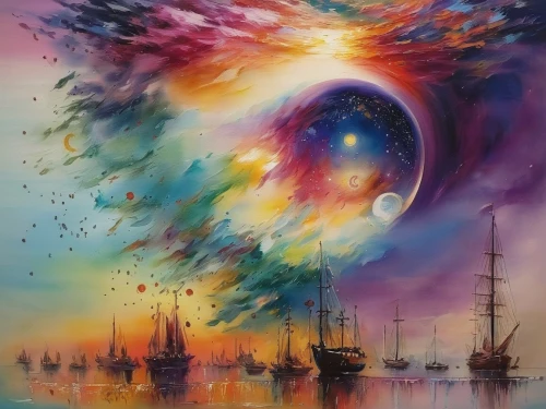 fantasy art,oil painting on canvas,sea fantasy,fantasy picture,sailing ships,sailing ship,colorful spiral,psychedelic art,constellation swan,sea sailing ship,art painting,fireworks art,imagination,waterglobe,space art,sail ship,time spiral,fantasy landscape,dreamland,colorful tree of life,Illustration,Paper based,Paper Based 04