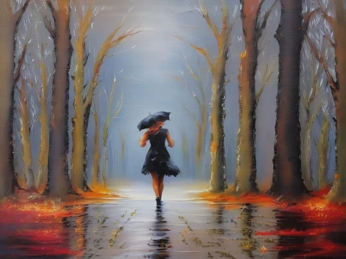 girl walking away,woman walking,ballerina in the woods,walking in the rain,oil painting on canvas,girl with tree,autumn walk,forest path,pathway,oil painting,forest walk,girl in a long,art painting,flooded pathway,autumn forest,autumn landscape,oil on canvas,tree lined path,forest of dreams,pedestrian,Illustration,Paper based,Paper Based 04