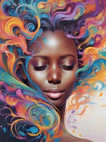 psychedelic art,oil painting on canvas,mystical portrait of a girl,african art,african woman,afro-american,african american woman,woman thinking,afroamerican,afro american,psychedelic,art painting,harmony of color,afro american girls,beautiful african american women,connectedness,chalk drawing,boho art,black woman,colorful spiral
