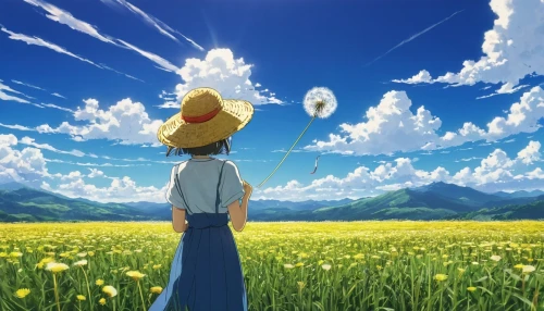 dandelion field,daffodil field,yellow sun hat,straw hat,blooming field,yellow grass,sunflower field,dandelion meadow,summer sky,chamomile in wheat field,high sun hat,flying dandelions,dandelion background,tall field buttercup,studio ghibli,summer day,darjeeling,straw hats,ordinary sun hat,summer meadow,Illustration,Japanese style,Japanese Style 05