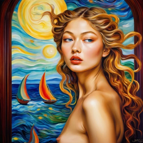 oil painting on canvas,girl on the boat,mystical portrait of a girl,oil painting,art painting,romantic portrait,the sea maid,fantasy art,italian painter,siren,sea fantasy,oil on canvas,young woman,meticulous painting,the wind from the sea,sea breeze,aphrodite,girl with a dolphin,fantasy portrait,glass painting,Illustration,Realistic Fantasy,Realistic Fantasy 37