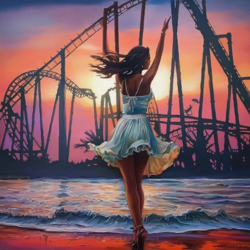dance with canvases,little girl in wind,photo painting,art painting,oil painting on canvas,world digital painting,little girl twirling,ballerina girl,oil painting,tightrope walker,fabric painting,dance silhouette,silhouette dancer,girl in a long,girl on the river,arms outstretched,silhouette art,musical background,the sea maid,little girl ballet,Illustration,Paper based,Paper Based 04