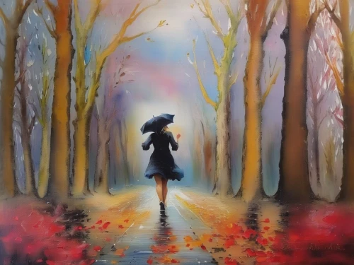 girl walking away,autumn walk,autumn background,woman walking,ballerina in the woods,autumn forest,autumn landscape,walking in the rain,oil painting on canvas,girl with tree,forest walk,the autumn,autumn scenery,watercolor background,art painting,forest path,autumn day,forest of dreams,girl in a long,autumn idyll,Illustration,Paper based,Paper Based 04