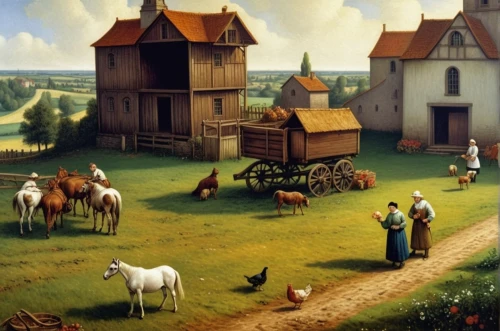 bremen town musicians,village scene,farm landscape,rural landscape,dutch landscape,farmyard,village life,escher village,grant wood,stable animals,straw carts,barnyard,agriculture,pony farm,farmstead,home landscape,agricultural,game illustration,farm animals,villagers,Art,Artistic Painting,Artistic Painting 32