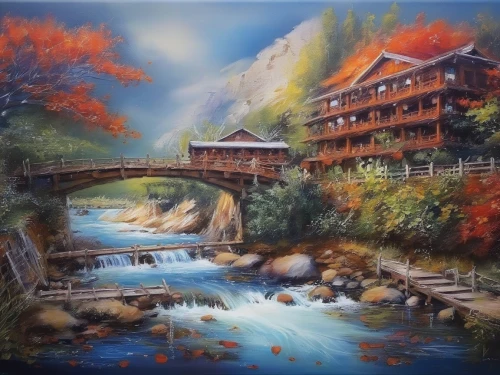 water mill,wooden bridge,oil painting on canvas,art painting,old mill,autumn landscape,river landscape,home landscape,house in mountains,oil painting,covered bridge,autumn idyll,dutch mill,scenic bridge,fall landscape,fisherman's house,rainbow bridge,house in the mountains,mountain scene,painting technique,Illustration,Paper based,Paper Based 04