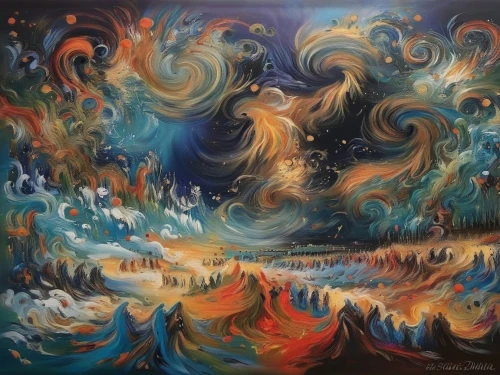 abstract painting,oil on canvas,oil painting on canvas,ocean waves,star winds,turmoil,indigenous painting,northen lights,tsunami,aurora borealis,abstract artwork,the spirit of the mountains,nebula 3,space art,pachamama,painting technique,sea storm,the wind from the sea,flow of time,fire planet,Illustration,Paper based,Paper Based 04