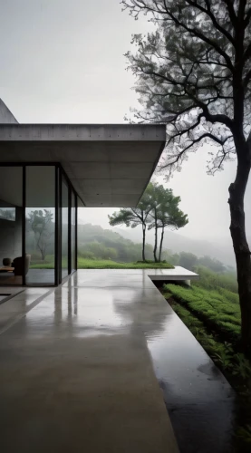 dunes house,exposed concrete,pool house,modern house,house by the water,concrete ceiling,house in mountains,roof landscape,mid century house,home landscape,house with lake,lago grey,foggy landscape,archidaily,modern architecture,flat roof,window film,corten steel,house in the mountains,glass facade