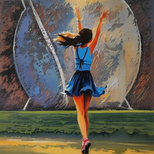 majorette (dancer),dance with canvases,hoop (rhythmic gymnastics),baton twirling,little girl twirling,ballerina girl,pirouette,twirling,twirl,cartwheel,ball (rhythmic gymnastics),girl ballet,little girl ballet,girl with a wheel,oil painting on canvas,ballerina in the woods,girl walking away,rhythmic gymnastics,chalk drawing,dancer,Illustration,Paper based,Paper Based 03