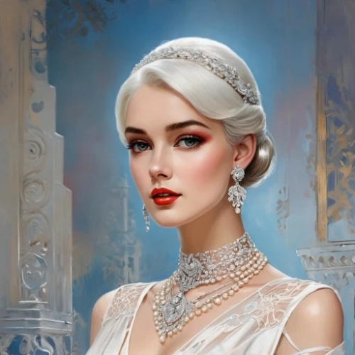 bridal jewelry,fantasy portrait,white rose snow queen,victorian lady,bridal accessory,romantic portrait,cinderella,pearl necklace,elsa,love pearls,white lady,pearls,diadem,the snow queen,elegant,vintage makeup,jane austen,bridal clothing,fantasy art,debutante