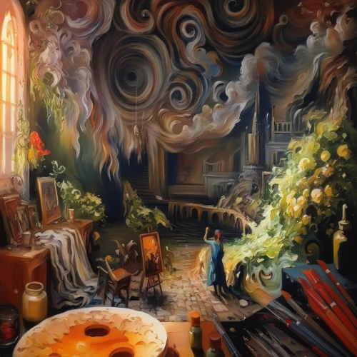 smoke art,fantasy art,psychedelic art,meticulous painting,alchemy,potter's wheel,fantasy picture,3d fantasy,mushroom landscape,cauldron,hobbiton,art painting,surrealism,candy cauldron,burning incense,painting technique,alice in wonderland,oil painting on canvas,incense,wonderland,Illustration,Paper based,Paper Based 04