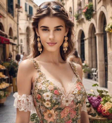 beautiful girl with flowers,vintage floral,floral dress,floral,enchanting,strapless dress,romantic look,elegant,beautiful young woman,pretty young woman,vintage dress,vintage woman,floral garland,beautiful woman,embellished,girl in a long dress,girl in flowers,hallia venezia,persian,floral heart,Photography,Realistic