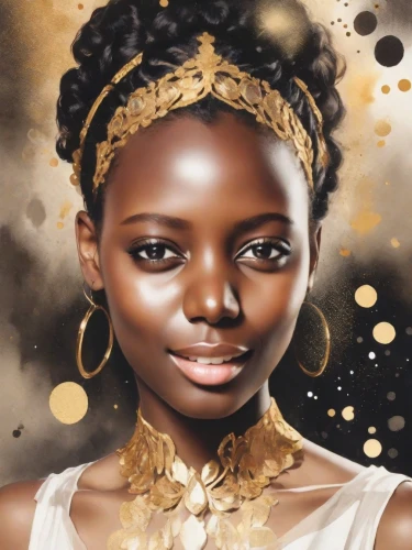 african art,african woman,gold foil art,golden crown,african culture,ancient egyptian girl,oil painting on canvas,mystical portrait of a girl,girl portrait,gold crown,world digital painting,gold foil crown,golden weddings,digital painting,african american woman,nigeria woman,gold leaf,afro american girls,fantasy portrait,khokhloma painting,Photography,Cinematic