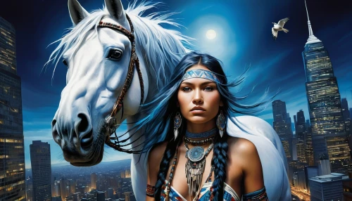 the american indian,american indian,cherokee,shamanic,shamanism,horse herder,buckskin,arabian horse,native american,warrior woman,pocahontas,horsemanship,indian headdress,thoroughbred arabian,arabian horses,gypsy horse,equines,native,equine,fantasy art,Conceptual Art,Oil color,Oil Color 18