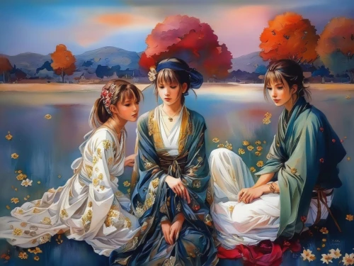 chinese art,oriental painting,the three magi,dongfang meiren,hanbok,the three graces,yi sun sin,mother with children,khokhloma painting,oriental,korean culture,lilies of the valley,ao dai,japanese art,mother and children,oil painting on canvas,young women,rou jia mo,xing yi quan,holy family,Illustration,Paper based,Paper Based 04