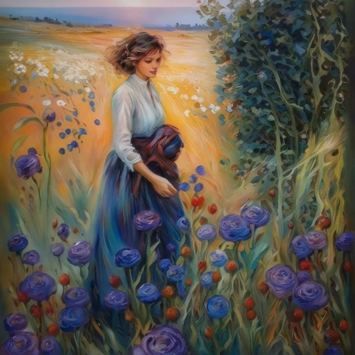 girl picking flowers,girl in flowers,la violetta,girl in the garden,picking flowers,meadow in pastel,flowers field,field of flowers,flowers of the field,the lavender flower,holding flowers,girl lying on the grass,girl with dog,flower field,flowering meadow,blanket of flowers,oil painting,woman playing,flower painting,splendor of flowers,Illustration,Paper based,Paper Based 04