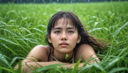 girl lying on the grass,barley cultivation,paddy field,rice cultivation,rain field,the rice field,ricefield,wheat germ grass,in the rain,vietnamese woman,rice field,girl sitting,halm of grass,farm girl,rain shower,green grass,girl in the garden,green background,on the grass,in the field,Photography,General,Realistic