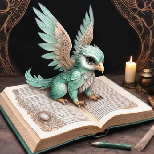 griffon bruxellois,reading owl,gryphon,raven sculpture,magic grimoire,boobook owl,regulorum,3d fantasy,fantasy art,an ornamental bird,decoration bird,griffin,harpy,magic book,fairy tale character,pegasus,paper art,fantasy picture,book antique,owl art