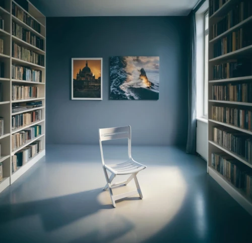 reading room,study room,bookshelves,therapy room,bookshelf,book wall,bookcase,white room,danish room,modern room,playing room,the living room of a photographer,blue room,one-room,read-only memory,music books,piano books,art gallery,children's room,chair circle
