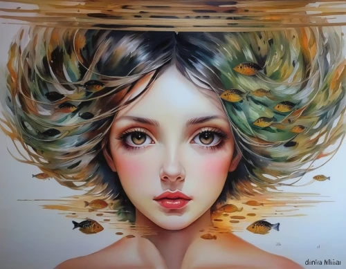 girl in a wreath,boho art,oil painting on canvas,woman face,mystical portrait of a girl,fantasy portrait,art painting,oil painting,woman's face,golden wreath,mary-gold,girl portrait,gold leaf,glass painting,natura,woman of straw,headdress,art deco woman,feather headdress,girl with bread-and-butter,Illustration,Paper based,Paper Based 04